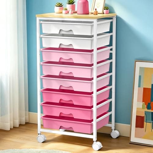 SUNALLY Rolling Storage Utility Cart With 8 Drawers, Storage Drawer Cart with Wooden Tabletop and 2 Lockable Wheels, 8 Tier Rolling Cart for Craft Art Supply Storage & Home Office Organization, Pink - Image 1