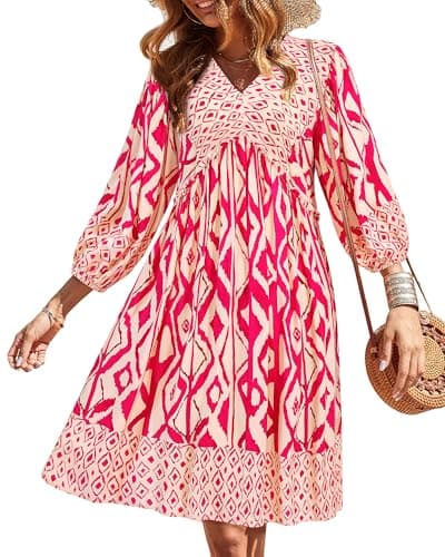 BTFBM Womens Summer Dresses 2026 Casual V Neck 3/4 Long Sleeve Ruffle Floral Flowy Boho Babydoll Mini Spring Beach Dress(Print Rose Red, Small) - Image 1