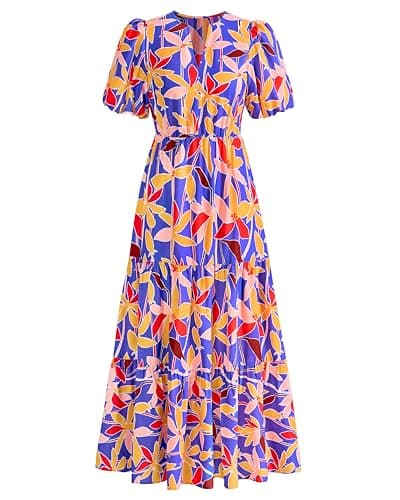 dowerme Womens Summer Dresses 2026 Casual Puff Short Sleeve V Neck Floral Boho Tiered Ruffle Maxi Dress with Pockets(Leaves Blue,X-Large) - Image 1