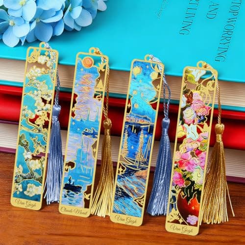 Kinsound Metal Bookmarks with Tassel, Golden Van Gogh Monet Oil Painting Theme Cute Hollow Book Markers for Reading Women, Teachers, Students, Reading Accessories Gifts for Book Lovers (Style B(4PCS)) - Image 1
