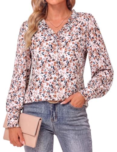 GRACE KARIN Women’s Boho Floral Tops, 2026 Fall Button Down Long Sleeve Blouses, Dressy Casual V Neck Work Trendy Shirts Apricot Floral L - Image 1