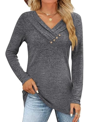 FMEYOA Women's Fall Long Sleeve Tunic Tops for Leggings V Neck Button Casual Blouse Sweatshirt(Dark Gray,Small) - Image 1