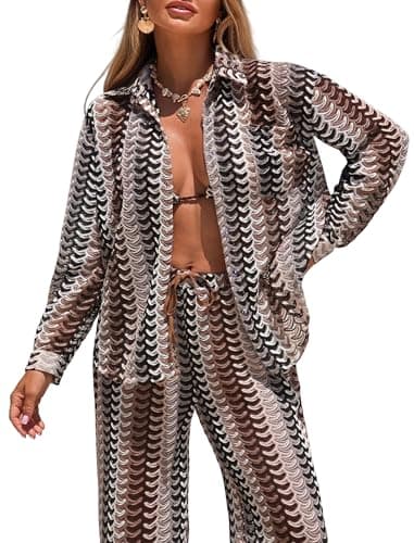 ZAFUL Womens Beach Cover Up Summer Lightweight Cardigans Crochet Boho Swimsuit Cover Up Long Sleeve Cardigans Beach Wear Brown L - Image 1