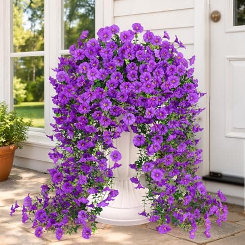 Artificial Flowers for Outdoors, Fake Hanging Flowers for Decoration, UV Resistant Artificial Outdoor Plants, 2 Pcs Artificial Petunias for Outdoors Garden Patio Porch Yard Decoration, Purple - Image 1