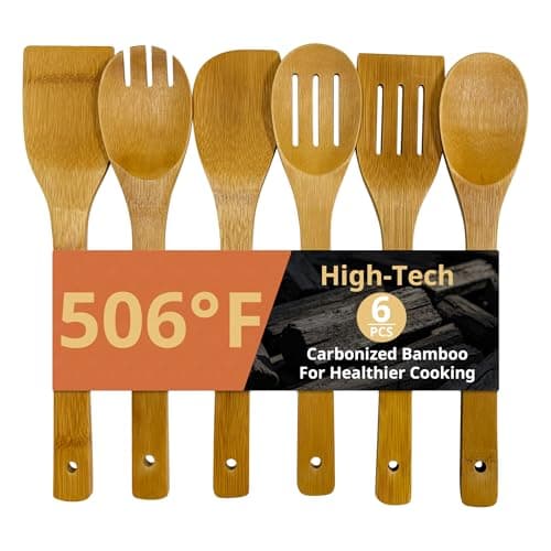 Krysclove Natural Carbonized Bamboo Spoons for Cooking,Dark Premium Bamboo Kitchen Utensil Set 6-Piece,Durable Heat-Resistant Tools for Non-Stick Pans (Carbonized Bamboo 01) - Image 1