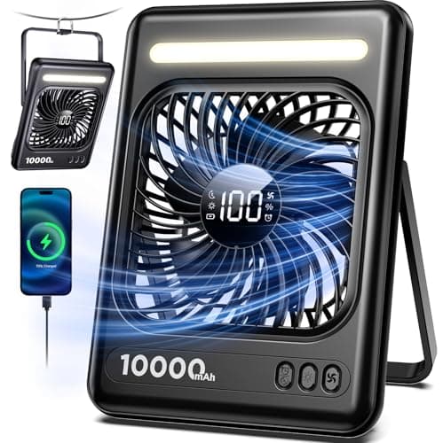 10000mAh Portable Travel Fan, 5 Speeds Strong Wind Cruise Fan with LED Lantern, 24H Runtime Cordless Personal USB Fan, 2/4/6/8H Timer, Ultra-thin Quiet Desk Fan for Camping, Office, Bedroom, Beach - Image 1
