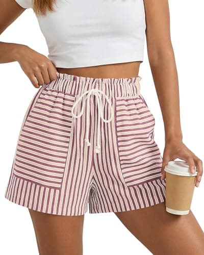 BTFBM Striped Summer Shorts for Women 2026 Loose Spring Casual Elastic Waist Lounge Resort Wear Vacation Beach Shorts(Pink, X-Large) - Image 1