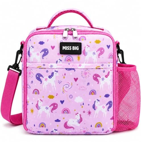 MISS BIG Kids Lunch Bag for Girls, Pink Unicorn Insulated Lunch Tote, 5L
