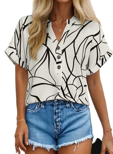 Dokotoo Summer Tops for Women Casual V Neck Button Shirts 2026 Lightweight Batwing Sleeve Business Work Floral Shirt Fashion Trendy Blouses White Large - Image 1