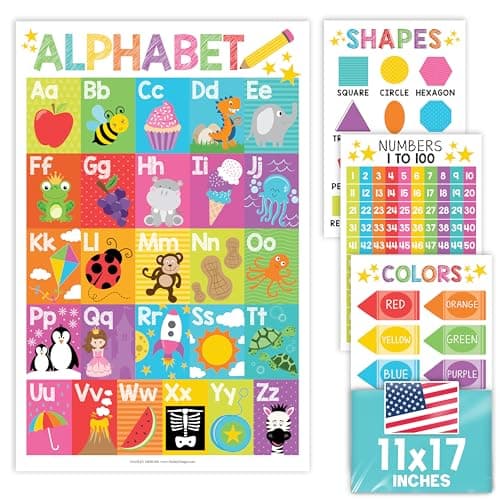 Hadley Designs Educational ABC Posters for Classroom Wall Decor - Preschool Learning Posters for Toddlers 1-3, Shapes Color 1-100 Number Chart & Alphabet Poster, Daycare Playroom Homeschool Essentials - Image 1