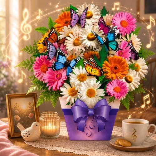 APOTODITO Mothers Day Card, Butterfly Cards with Music and Light, Flower Bouquet Card, Mothers Day Gifts for Mom, Women, Wife, Sister (daisy and butterfly) - Image 1
