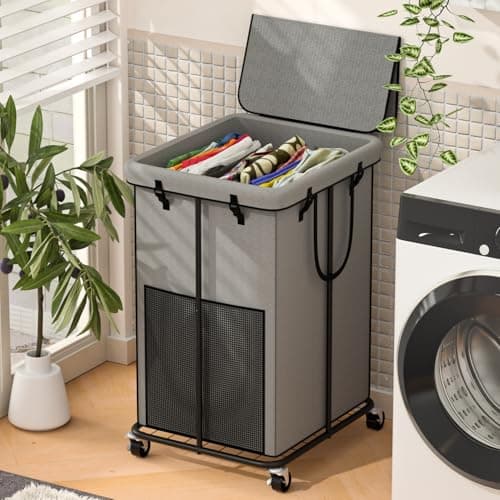 Large Laundry Hampers with Lid, Oxford Fabric Laundry Hampers, Metal Frame and Removable Bag Design with Wheels, Suitable for Bedroom, Bathroom, Dorm Room, Laundry Room (Grey with Lid) - Image 1