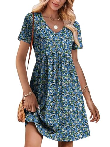ANRABESS Summer Dresses for Women 2026 Casual Short Sleeve V Neck Spring Dress Beach Vacation Clothes Cruise Resort Outfits Blue White Floral Small - Image 1