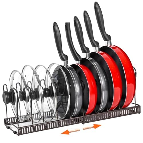 Pot Rack Organizer -Expandable Pot and Pan Organizer for Cabinet,Pot Lid Organizer Holder with 10 Adjustable Compartment for Kitchen Cabinet Cookware Baking Frying Rack,Bronze - Image 1