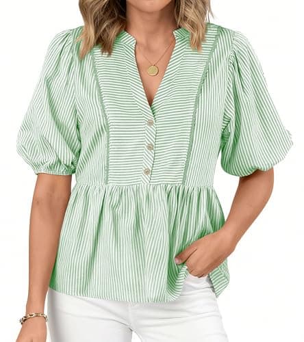 dowerme Womens Summer Tops 2026 Fashion Lantern Short Sleeve V Neck Button Peplum Shirts Spring Stripes Babydoll Blouses(Green,Medium) - Image 1