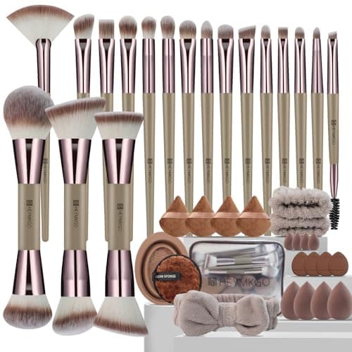HEYMKGO Makeup Brushes, 40Pcs Professional Makeup Brush Set Dual Ended Foundation Blush Concealer Contour Powder Eyeshadow Make up Tools with Sponges Puffs Clear Bag for Blending Buffing Highlighting - Image 1