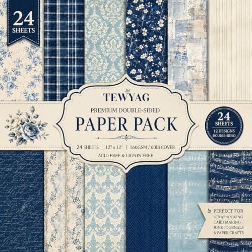12x12 Scrapbook Paper & Scrapbooking Supplies, Vintage Blue Double-Sided Patterned Cardstock Pad, Decorative Craft Sheets for Junk Journal & Photo Album, 24 Sheets