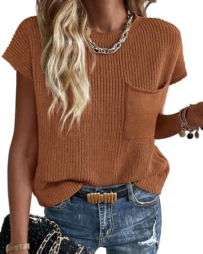 KIRUNDO Summer Fall Short Sleeve Sweater for Women 2026 Casual Sweater Vest Cotton Knit Pullover Tank Tops Fashion Clothing(Rust, Medium) - Image 1