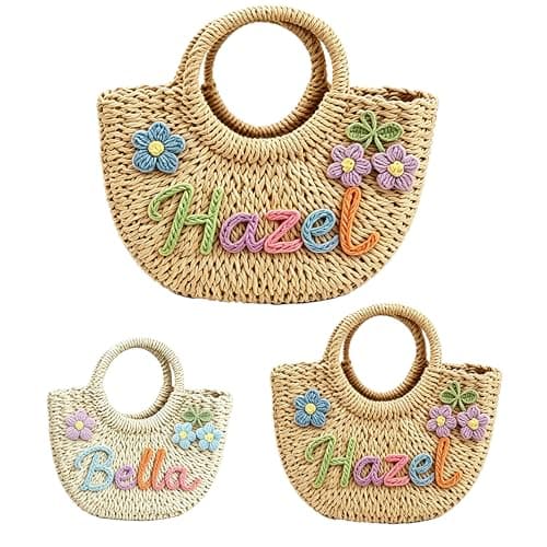 KEQHAULI Custom Straw Beach Bag for Women, Bridesmaid Beach Bag with Name, Handheld Woven Tote for Wedding Party Gifts, Personalized Flower Girl Basket, Summer Vacation Cruise Essential - Image 1