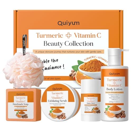 QUIYUM Turmeric Vitamin C Body Care Set - 4-in-1 with Scrub, Body Lotion, Moisturizing Stick & Handmade Soap, Bonus Bath Sponge | Exfoliating Hydrating for All Skin Types - Image 1