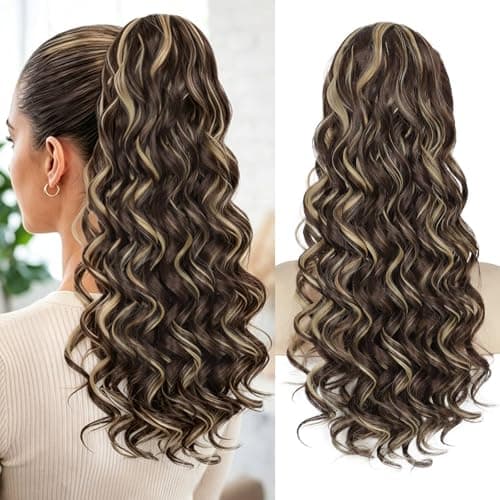 BOGSEA Drawstring Ponytail Extension 20 Inch Spiral Wavy Ponytail Extension for Women Synthetic Fiber Hair Pieces for Daily Use - Highlight