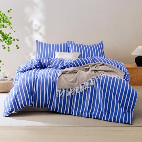 Hailyuwl 100% Cotton Striped Duvet Cover Classic Stripe Soft Breathable Vintage 3 Piece Bedding Set with Pillowcases for All Season King Size 104"x90" Sky Blue (Comforter Not Included) - Image 1