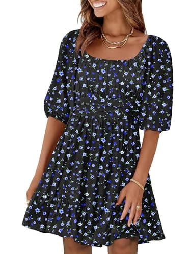 ANRABESS Womens Lantern Short Sleeve Square Neck Casual Flowy Mini Dresses 2026 Holiday Summer Spring Beach Vacation Clothes Blue Floral Medium