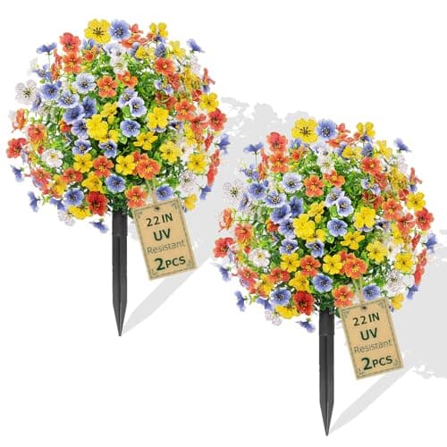 2 Pack Artificial 4 Colors Flowers Topiary Ball Tree, 22" Fake Plants with Ground Spike, UV-Resistant Faux Shrub, Realistic Artificial Colorful Bushes for Indoor/Outdoor Front Porch & Garden Decor - Image 1