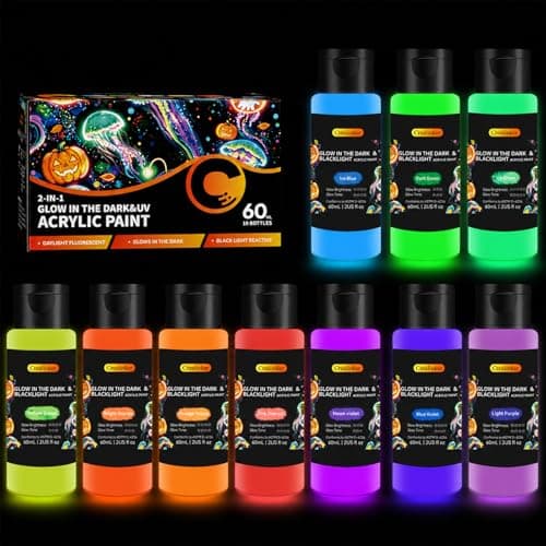 Crealinker Glow in the Dark Paint, 10 Bright Colors 60ml/2oz Neon Glow Acrylic Paint,Long Lasting Black Light Fluorescent Paints for Outdoor Rocks, Canvas, Wood, DIY Craft,Party,Glass, Halloween Decor