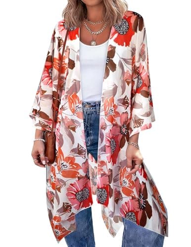 BB&KK Swimsuit Coverup for Women Chiffon Kimono Boho Floral Beach Bathing Suit Cover Ups for Swimwear Flowy Casual Loose Summer Cardigan Vocation Hawaii Outfit L - Image 1