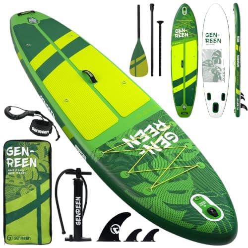 Genreen Inflatable Stand Up Paddle Board 11'33"6" 400LBS Capacity with 0.5cm EVA Deck, 3 Fins, Quality Inspection5 for Japanese Customers Ultra Stable Paddleboard (Monstera Lawn Green) - Image 1