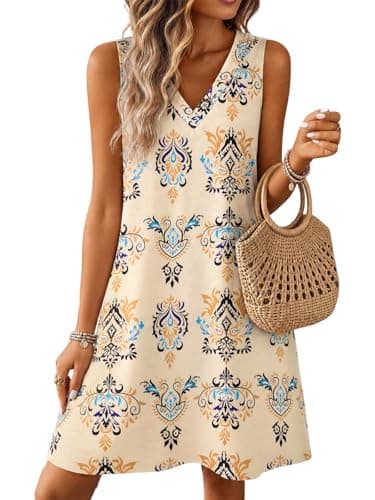 Wenrine Womens Sleeveless Mini Dress Casual Floral V Neck Summer Loose Boho Beach A Line Tank Dresses with Pockets - Image 1