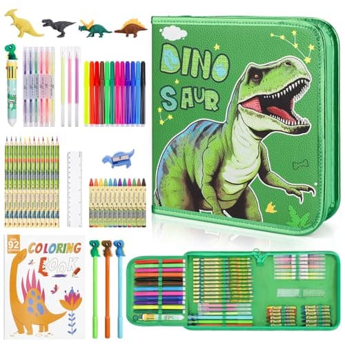MAIGOZON Dinosaur Gifts for Boys - 57 PCS Scented Markers Art Supplies Set for Kids Ages 4-8, Coloring Drawing Kit with Dino Case, Coloring Book & Quick-Dry Gel Pens, Birthday Christmas Gift