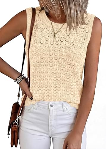 KIRUNDO Crochet Tops for Women 2026 Spring Summer Sleeveless Sweater Vest Tank Top Knit Pullover Beach Vacation Outfits (Beige, Small) - Image 1