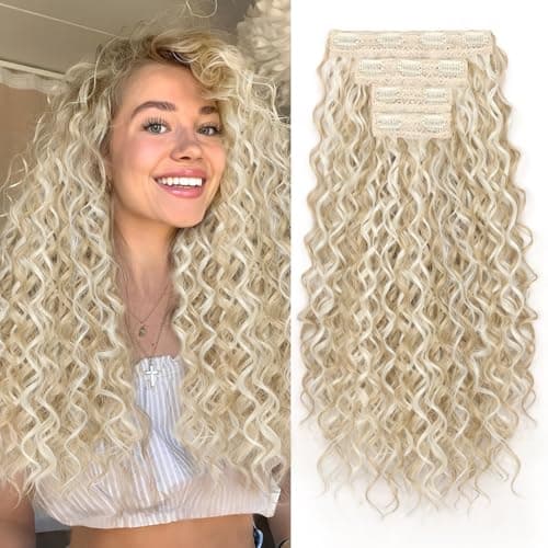 PHADRIA Curly Clip in Hair Extensions,4PCS 20 Inch Hair Extensions long Soft Natural Hairpiece Lace Weft Curly Wave Clip Ins Extensions Invisible for Women(Ash Blonde with Highlights) - Image 1