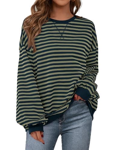 PRETTYGARDEN Womens Oversized Sweatshirt Casual Striped Color Block Long Sleeve Crewneck Pullover Tops Spring Y2k Clothes (Grey Green Navy, Medium) - Image 1