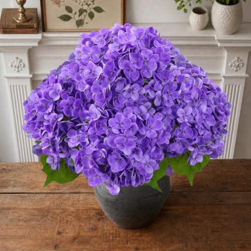 Hydrangea Artificial Flowers, 4Pcs Real Touch Faux Hydrangea with Long Stem and Leaves, Lifelike Fake Flowers for Outdoor Planters Garden Porch Yard Home Decor, Wedding Bouquets, Light Purple