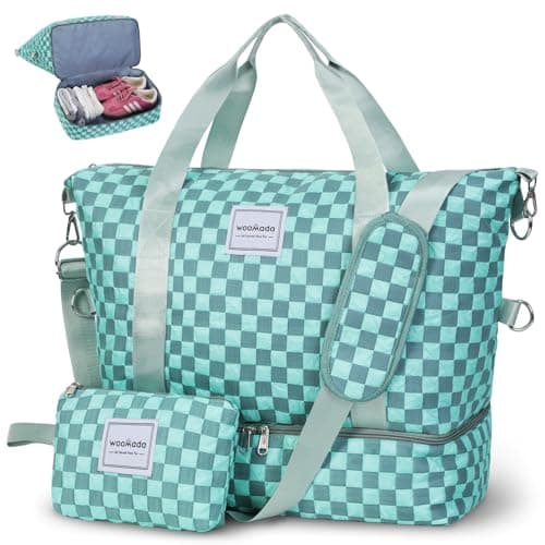 WOOMADA Weekender Bag for Women - Travel Duffel with Shoe Compartment & Wet Pocket, Airline Personal Item Overnight Bag - Sport Gym Tote (Turquoise Checkerboard) - Image 1