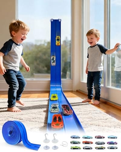 FITNOVO Flexible Race Track for Kids – 15 Ft Roll-Up Car Track with Suction Cups, Fits 1:64 Diecast Cars, Portable Bendable Track Toys for Boys Girls Ages 3+,Blue - Image 1