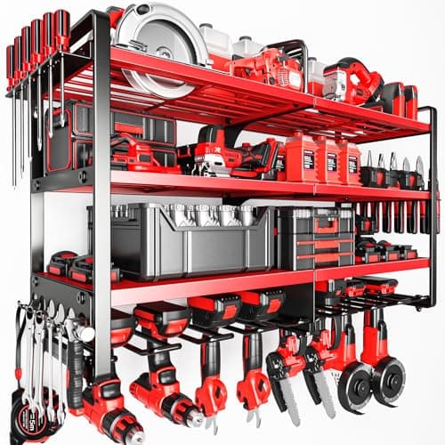 POKIPO Upgrade Large power tool organizer Wall Mount,4 Layers Heavy Duty Metal Loads 400lbs Power Tool Hanger Shelf Battery Storage with 8 Cordless Drill Bit Holder,Utility Racks for Garage Tool Room - Image 1