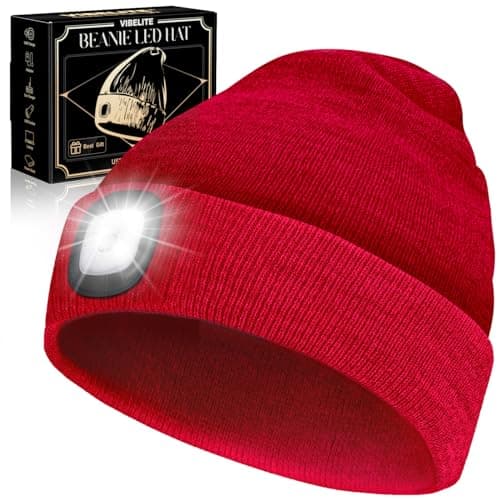VIBELITE LED Beanie Hat with Light, USB Rechargeable LED Headlamp for Hiking, Camping, Fathers Day Gift for Dad, Husband, Birthday Gifts for Men, Women, Dad Gifts from Daughter, Wife, Red - Image 1