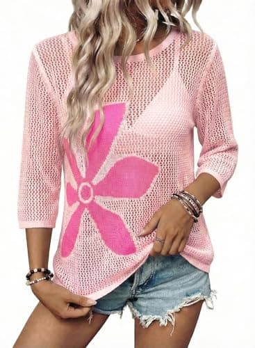 Dokotoo Summer Swimsuit Cover Up for Women Crochet Beach Floral Hollow Out Slit Bikini Shirts Half Sleeve Coverups Beach Vacation Clothes for Women 2026 Outfits Light Pink - Image 1