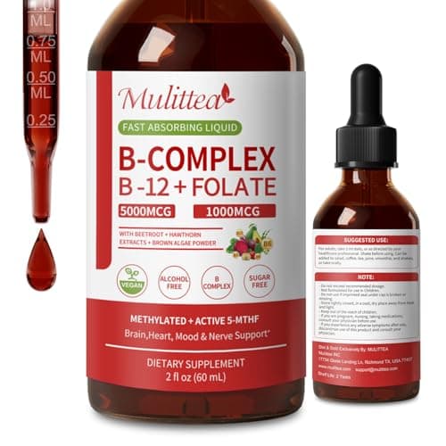 Methylated B Complex - 5000 mcg Methylcobalamin B12 & 5-MTHF Folate 1000 mcg - Vitamin B Complex Liquid Drops with B3, B6, Beetroot, Hawthorn - Energy, Focus, Heart & Brain, Sugar-Free, 2 Fl Oz - Image 1