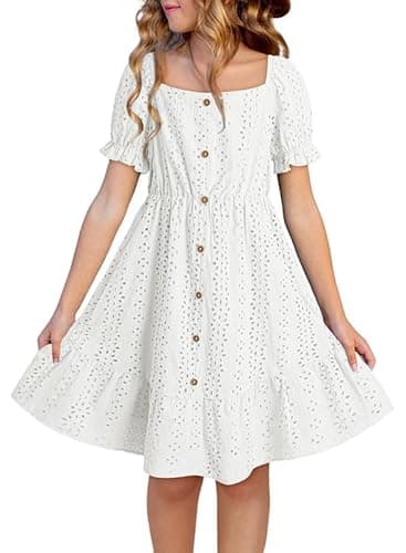 DOKOTOO KIDS Tween Girl Short Sleeve Dress Teen Girls Summer Dresses Junior Loose Modest A-Line Flowy Cute Party Cotton Button Beach Vacation Lace Midi Outfits White Size 10-11 Years Old XL - Image 1