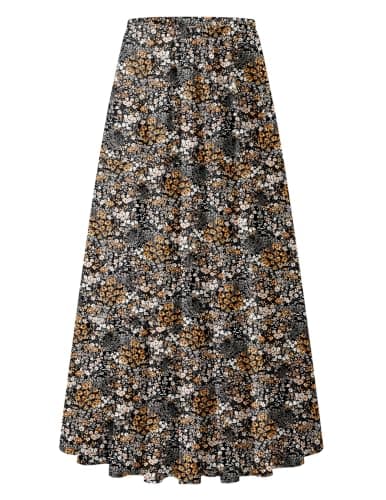 Zeagoo Womens Boho Maxi Skirts Elastic High Waist Pleated A-Line Long Skirt Flowy Ruffle Tiered Maxi Long Skirt Brown Floral L - Image 1