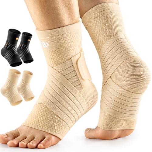 WHCOOL Low-Profile Ankle Braces for Women & Men, Customizable Ankle Compression Sleeve w/Wide Strap, Foot Support Wrap for Plantar Fasciitis Pain Relief, Achilles Tendonitis, Sprain, Beige, 1 Pair, L - Image 1