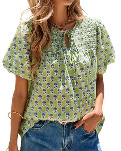 KIRUNDO Boho Tops for Women Summer 2026 Dressy Floral Blouse V Neck Drawstring Short Sleeve Shirts Beach Vacation Clothes(Green, Small) - Image 1