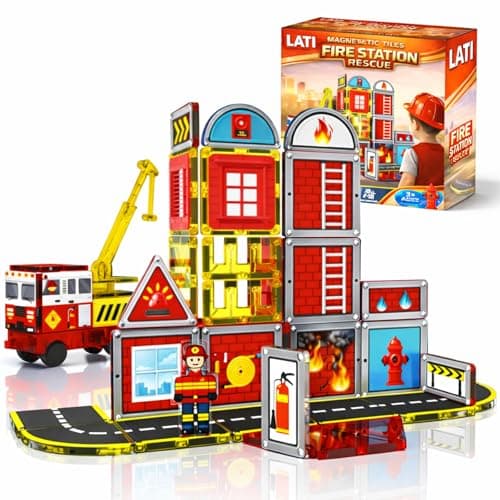 LATI Fire Rescue Magnetic Tiles for Kids,Double-Sided Fire & Rescue Blocks with Fire Truck, Station, Roads & Crane, STEM Magnetic Building Blocks for Boys & Girls Ages 3-8 - Image 1