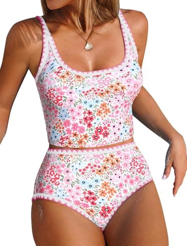 ZAFUL Tankini Swimsuit Tummy Control Bathing Suits 2 Piece Swim Top with High Waisted Bottom Shell Stitch Swim Suits 2025 Pink Floral XL - Image 1