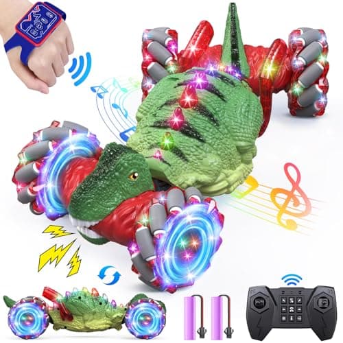 OSIMILY Remote Control Car,Dinosaur Toys car for Kids,2.4GHz LED Gesture Sensing RC Car,4WD Rotation RC Stunt Car with Lights and Music,Dino Toys for Kids Ages 3 4 5 6 7 Gifts for Boys Girls(Red) - Image 1